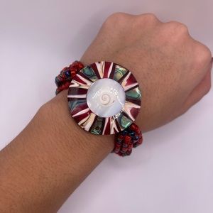 Red Beaded Inlay Shell Stretch Bracelet